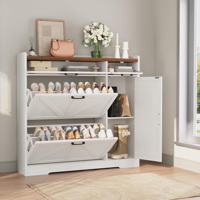 Beyaz Ahşap Düşer Kapaklı ve Ayarlanabilir Raflı Ayakkabılık - 112 cm - 227152