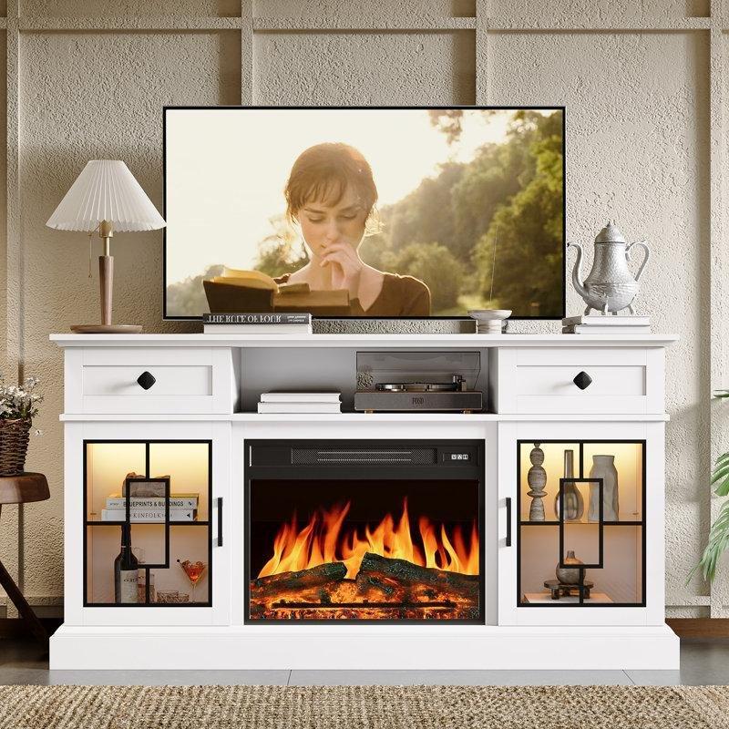Beyaz Ahşap Elektrikli Şömineli ve LED Aydınlatmalı TV Ünitesi - 152 cm - 221864