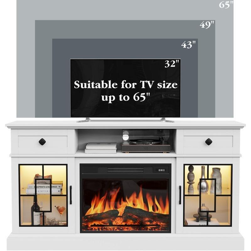 Beyaz Ahşap Elektrikli Şömineli ve LED Aydınlatmalı TV Ünitesi - 152 cm - 221864