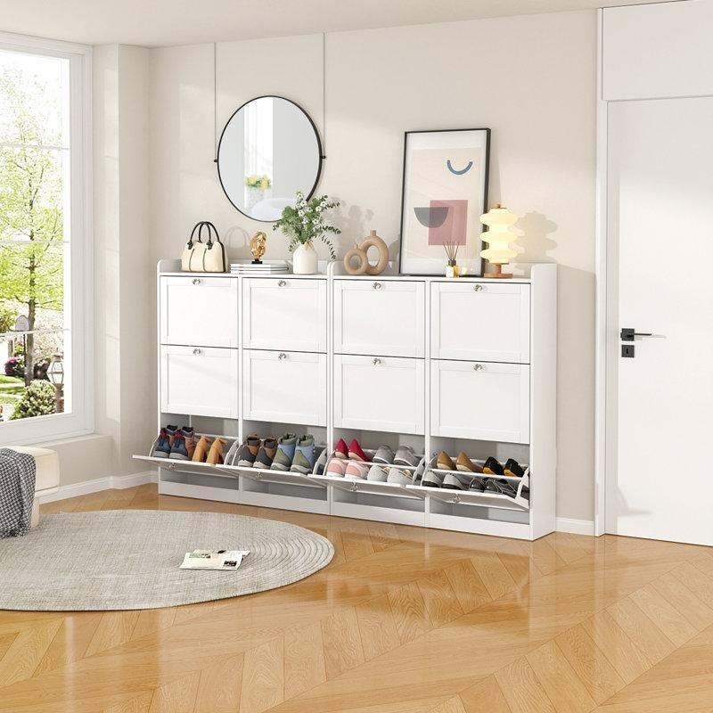 Beyaz Ahşap Elmas Kulplu İkili Set Düşer Kapaklı Ayakkabılık - 211x120 cm - 228568