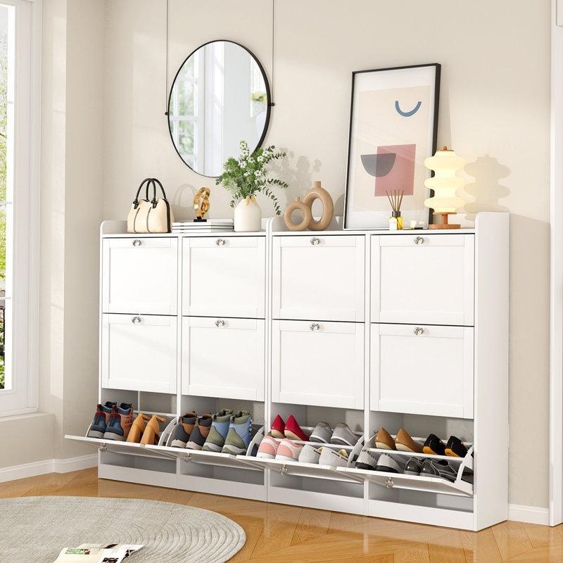 Beyaz Ahşap Elmas Kulplu İkili Set Düşer Kapaklı Ayakkabılık - 211x120 cm - 228568