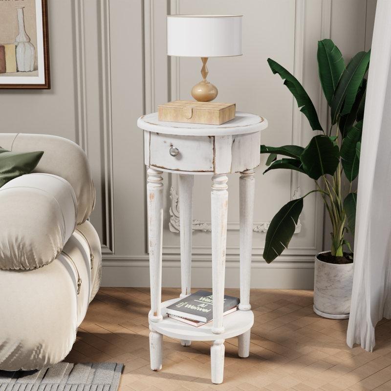 Beyaz Ahşap Eskitme Tek Çekmeceli Raflı Yuvarlak Komodin - 36x36 cm - 224249