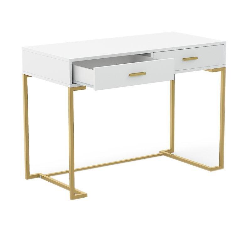 Beyaz Ahşap Gold Çelik Ayaklı 2 Çekmeceli Vintage Çalışma Masası - 100 cm - 234178