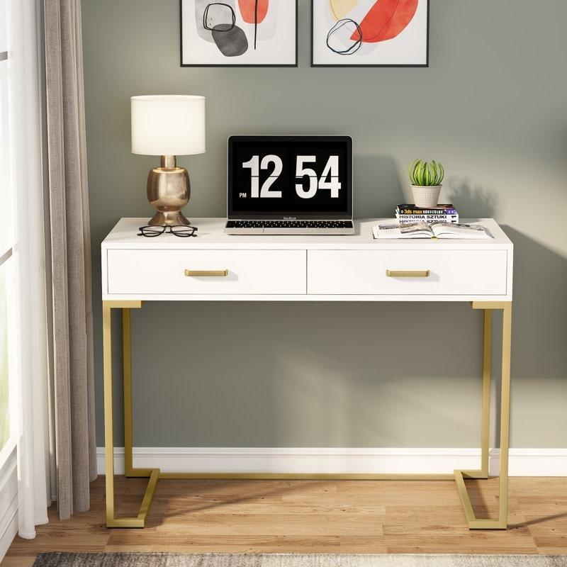 Beyaz Ahşap Gold Çelik Ayaklı 2 Çekmeceli Vintage Çalışma Masası - 100 cm - 234178