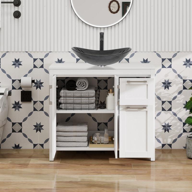 Beyaz Ahşap Gövdeli Siyah Cam Çanak Lavabolu Çekmeceli Ayaklı Banyo Dolabı - 91 cm - 202205