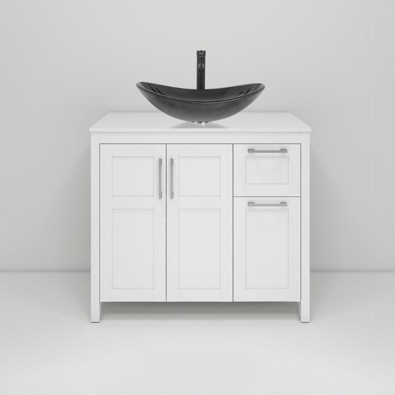 Beyaz Ahşap Gövdeli Siyah Cam Çanak Lavabolu Çekmeceli Ayaklı Banyo Dolabı - 91 cm - 202205