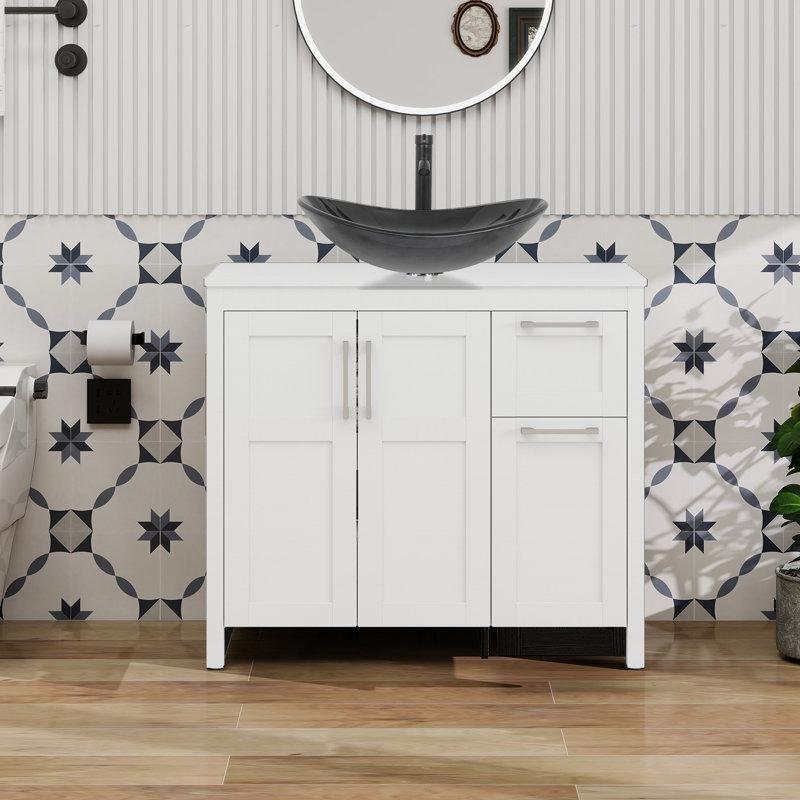 Beyaz Ahşap Gövdeli Siyah Cam Çanak Lavabolu Çekmeceli Ayaklı Banyo Dolabı - 91 cm - 202205