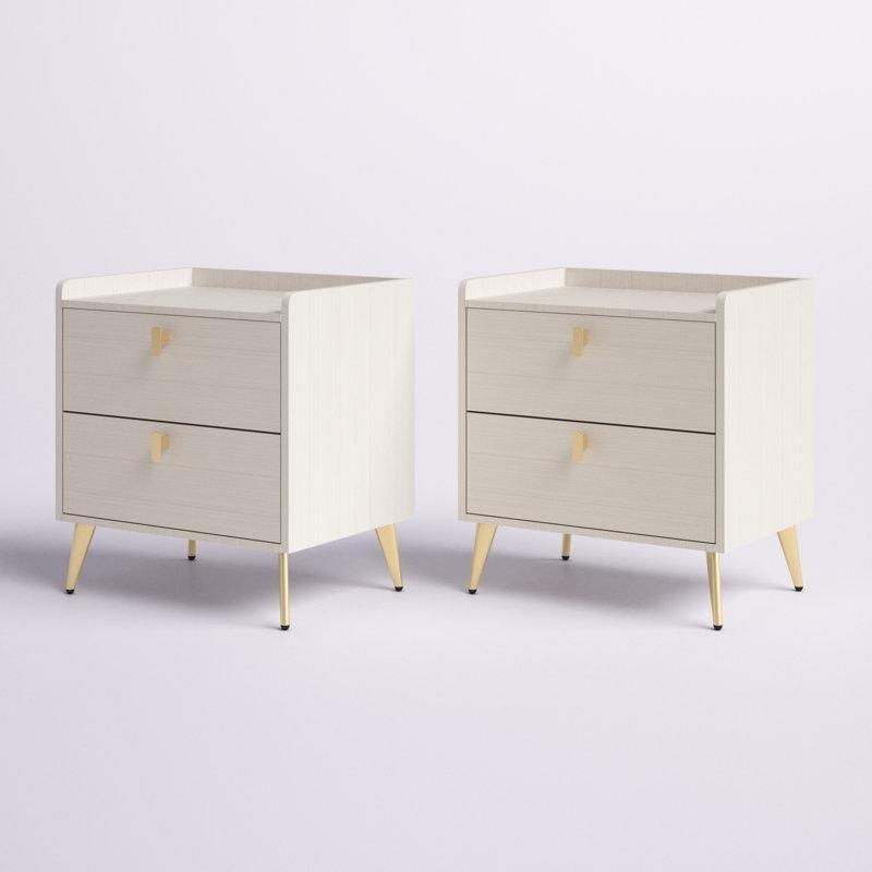 Beyaz Ahşap İki Çekmeceli Gold Kulplu İkili Set Komodin - 56x40x59 cm - 222699