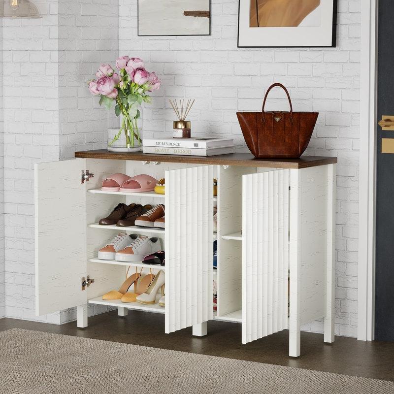 Beyaz Ahşap Kapaklı Ayarlanabilir Raflı Ayakkabılık - 121 cm - 229869