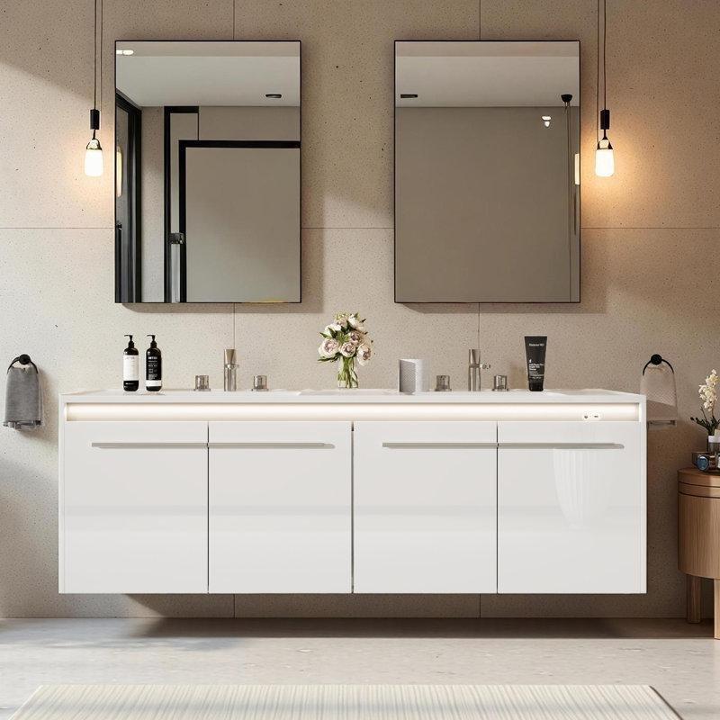 Beyaz Ahşap LED Aydınlatmalı ve Sensörlü Duvara Monte Çift Lavabolu Banyo Dolabı - 154 cm - 198340