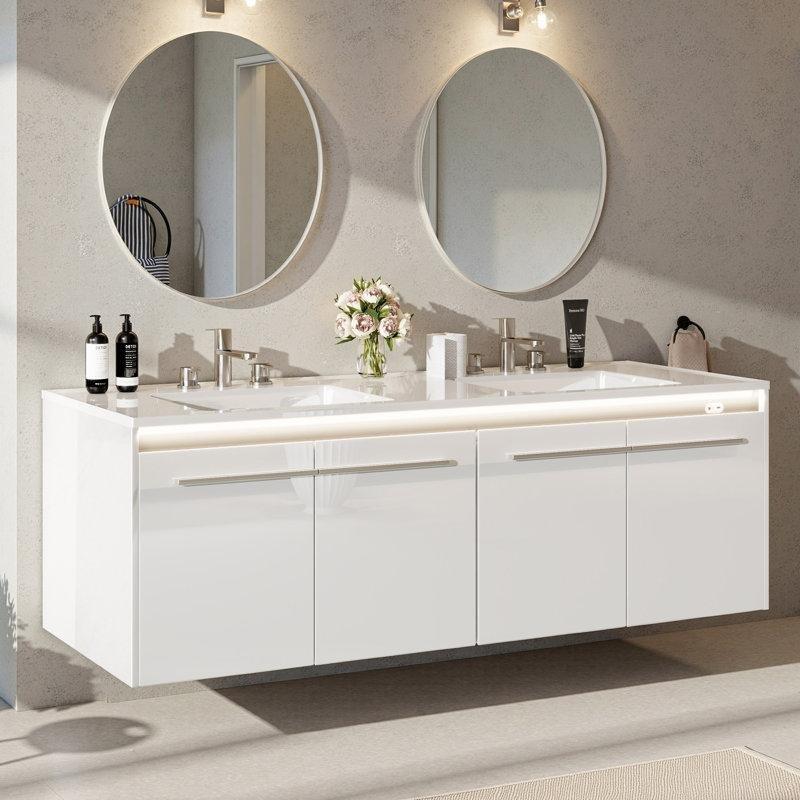 Beyaz Ahşap LED Aydınlatmalı ve Sensörlü Duvara Monte Çift Lavabolu Banyo Dolabı - 154 cm - 198340 Beyaz Ahşap LED Aydınlatmalı ve Sensörlü Duvara Monte Çift Lavabolu Banyo Dolabı - 154 cm - 198340