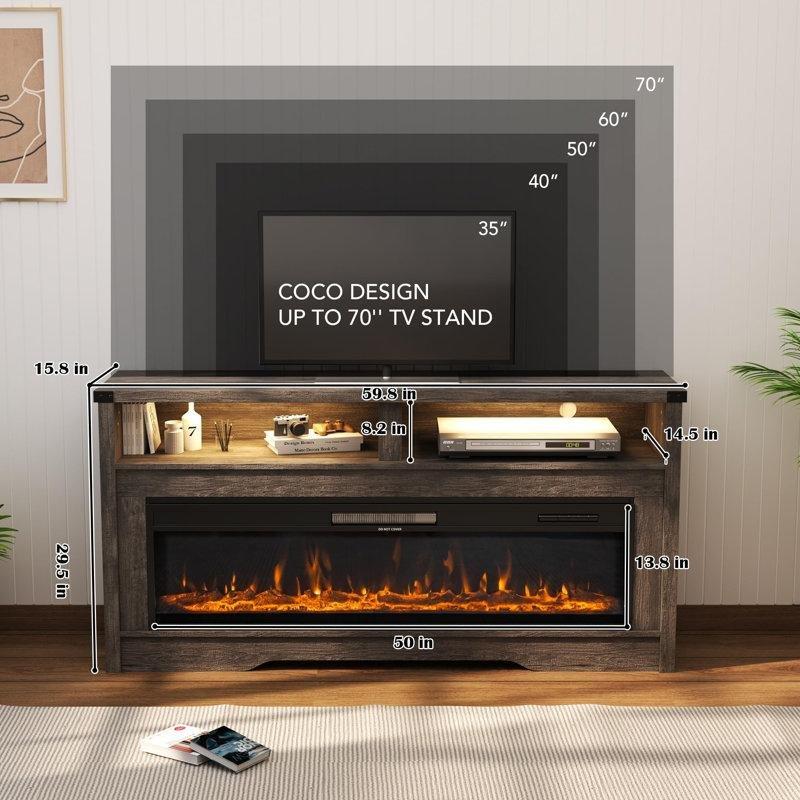 Beyaz Ahşap LED Işıklı Prizli Şömineli TV Ünitesi - 152 cm - 221438