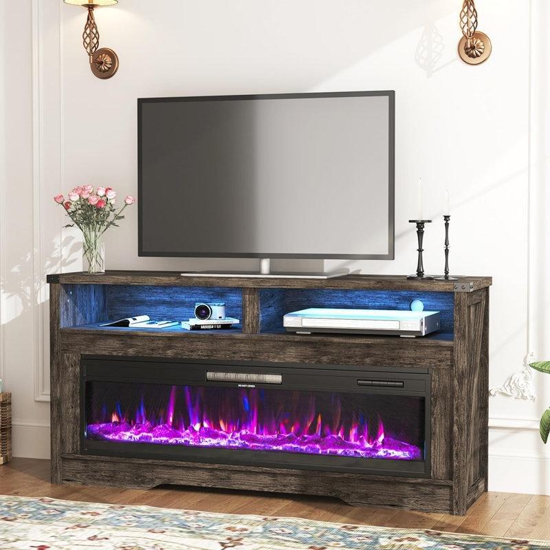 Beyaz Ahşap LED Işıklı Prizli Şömineli TV Ünitesi - 152 cm - 221438