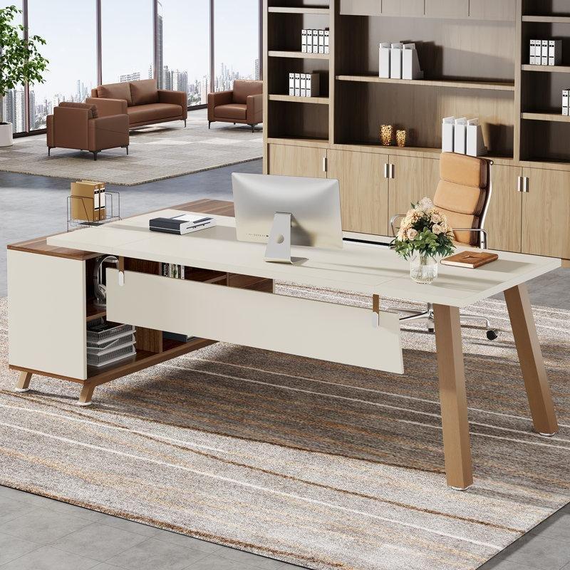 Beyaz Ahşap Metal Ayaklı Çekmeceli Raflı Etejerli L Tipi Ofis Masası - 181 cm - 177048