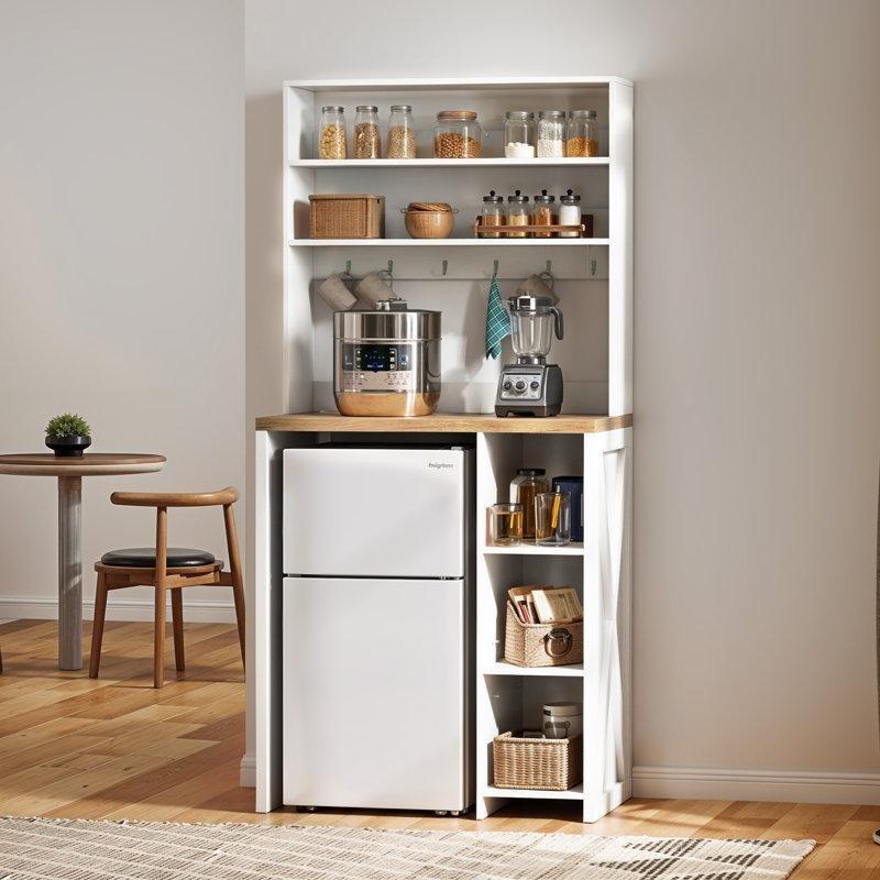 Beyaz Ahşap Prizli Mini Buzdolabı Bölmeli Mutfak Rafı - 81x51x177 cm - 163945