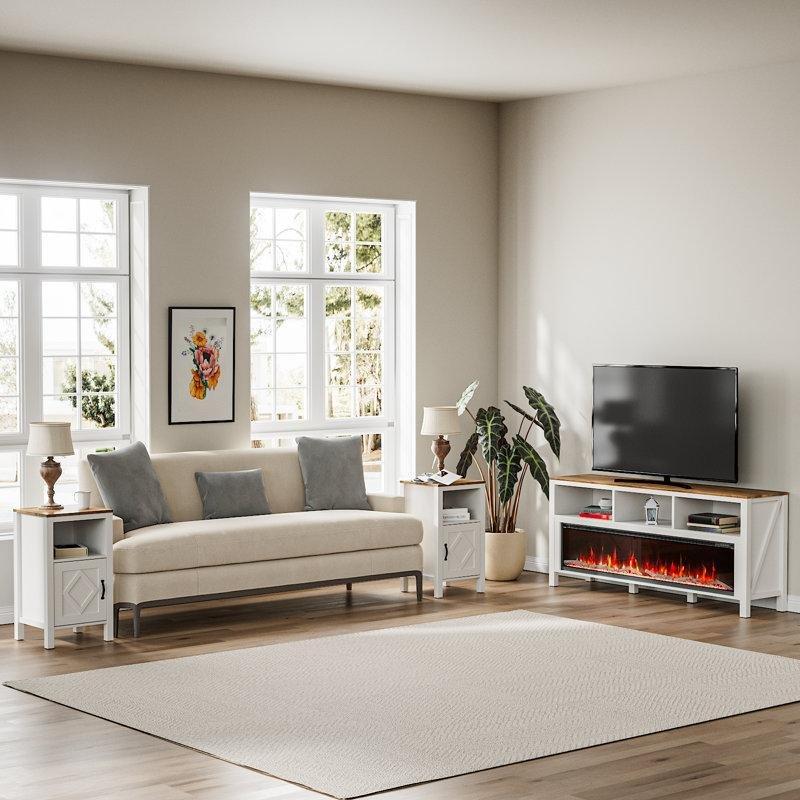 Beyaz Ahşap Şömineli ve İki Yan Sehpalı TV Ünitesi - 224 cm - 221771