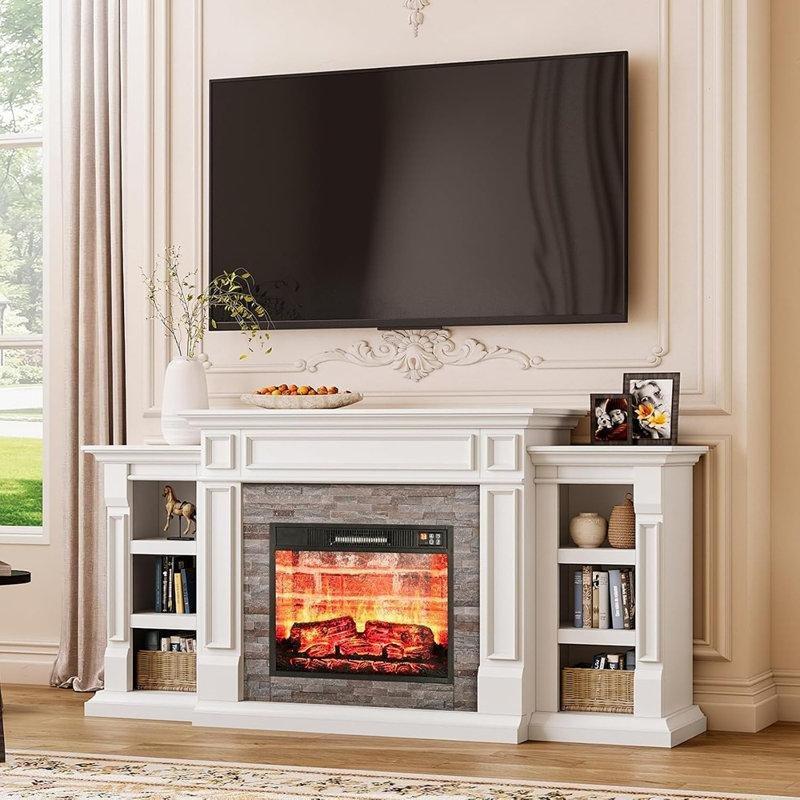 Beyaz Ahşap Taş Detaylı Şömineli TV Ünitesi - 178 cm - 219848
