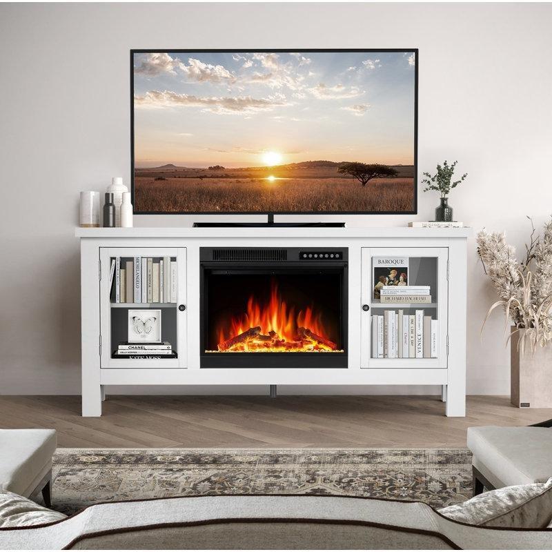 Beyaz Ahşap Uzaktan Kumandalı LED Alevli Şömineli TV Ünitesi - 148 cm - 221693