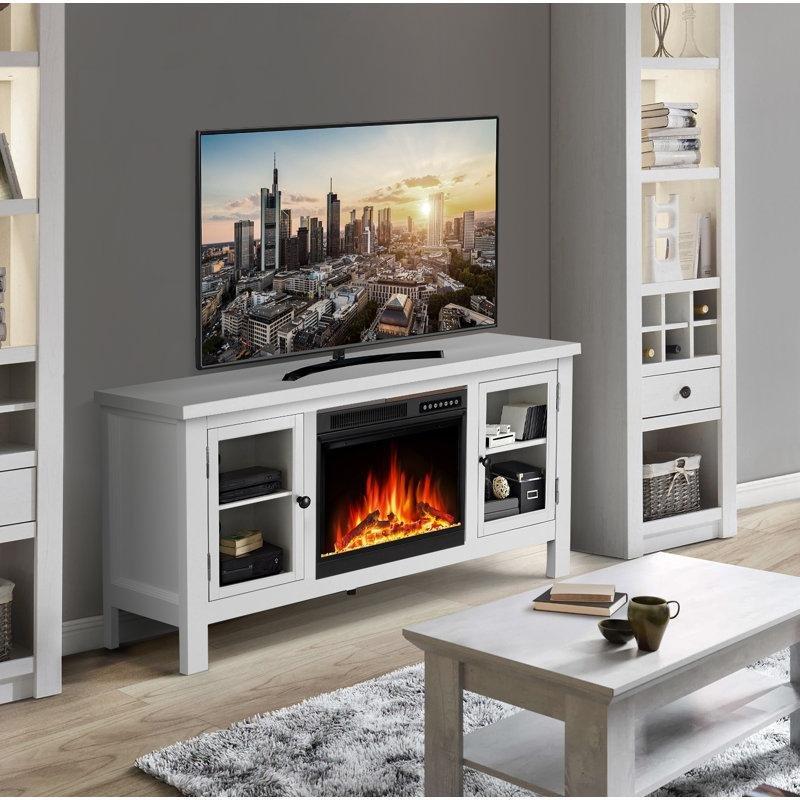 Beyaz Ahşap Uzaktan Kumandalı LED Alevli Şömineli TV Ünitesi - 148 cm - 221693