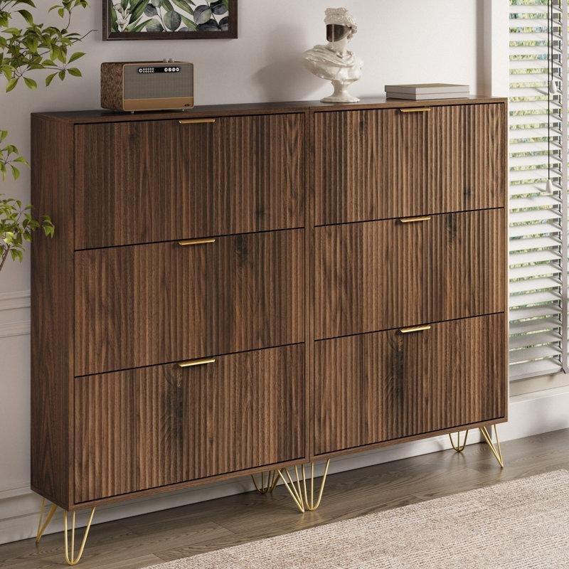 Beyaz Ahşap Yivli Tasarımlı Gold Kulplu Düşer Kapaklı Ayakkabılık - 80 cm - 230422