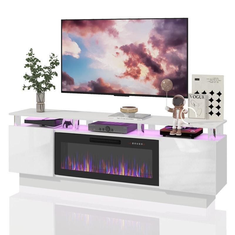 Beyaz Akrilik Ayaklı Şömineli LED Işıklı TV Ünitesi - 178 cm - 220461