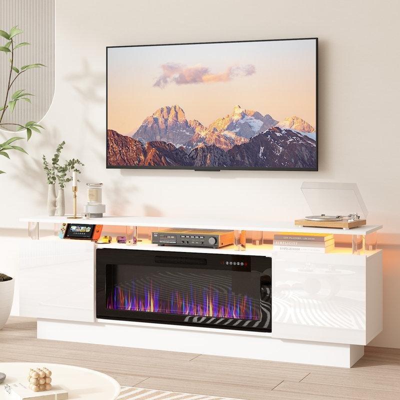 Beyaz Akrilik Ayaklı Şömineli LED Işıklı TV Ünitesi - 178 cm - 220461