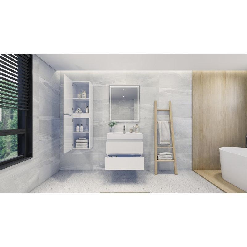 Beyaz Akrilik Tezgahlı Ahşap Duvara Monte Çekmeceli Banyo Lavabo Dolabı - 75 cm - 199028