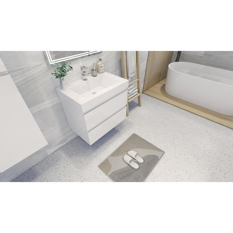 Beyaz Akrilik Tezgahlı Ahşap Duvara Monte Çekmeceli Banyo Lavabo Dolabı - 75 cm - 199028