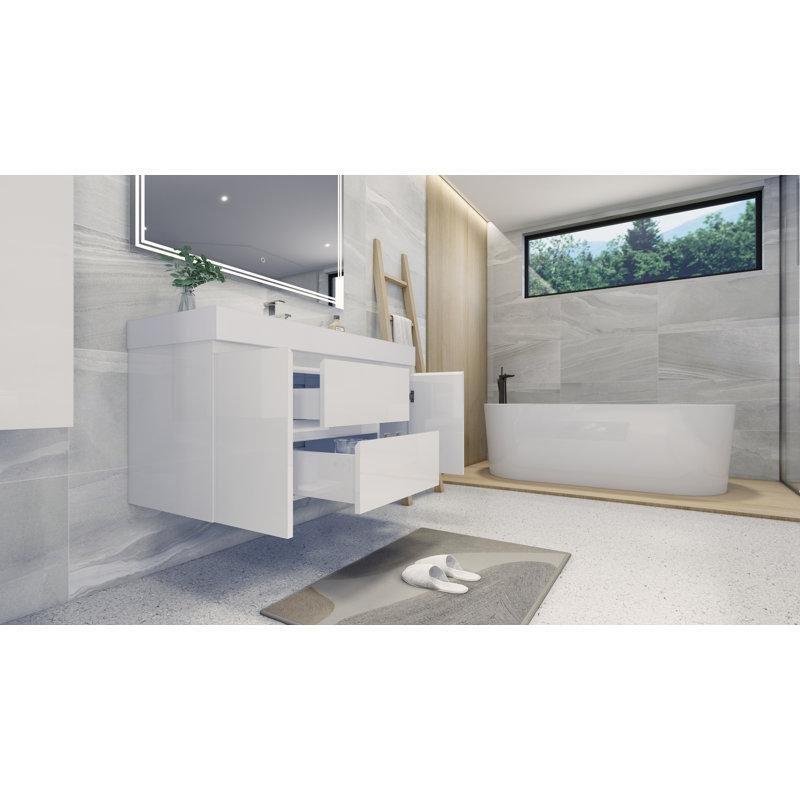 Beyaz Akrilik Tezgahlı Ahşap Yavaş Kapanır Çekmeceli Duvara Monte Banyo Lavabo Dolabı - 121 cm - 200047