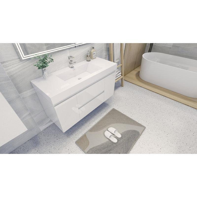 Beyaz Akrilik Tezgahlı Ahşap Yavaş Kapanır Çekmeceli Duvara Monte Banyo Lavabo Dolabı - 121 cm - 200047