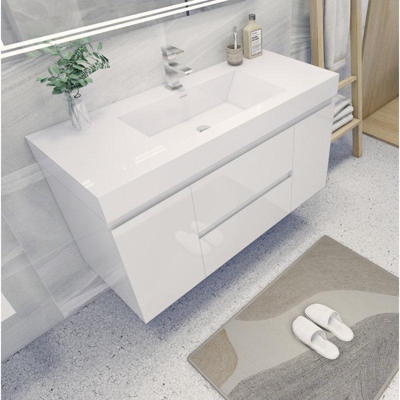 Beyaz Akrilik Tezgahlı Ahşap Yavaş Kapanır Çekmeceli Duvara Monte Banyo Lavabo Dolabı - 121 cm - 200047
