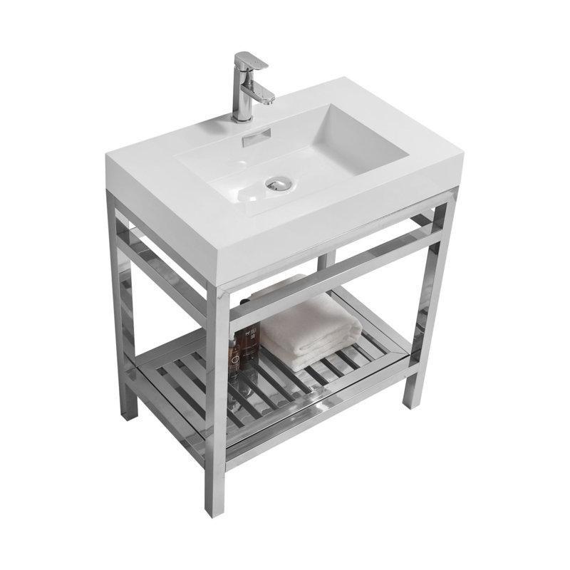 Beyaz Akrilik Tezgahlı Paslanmaz Çelik Açık Raflı Banyo Lavabo Dolabı - 75 cm - 200561