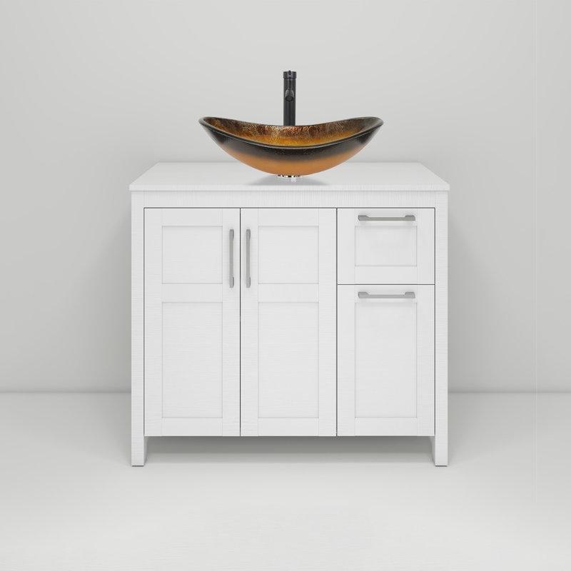 Beyaz Ayaklı Banyo Dolabı Siyah Cam Çanak Lavabo Yavaş Kapanır Çekmeceli - 91 cm - 201875