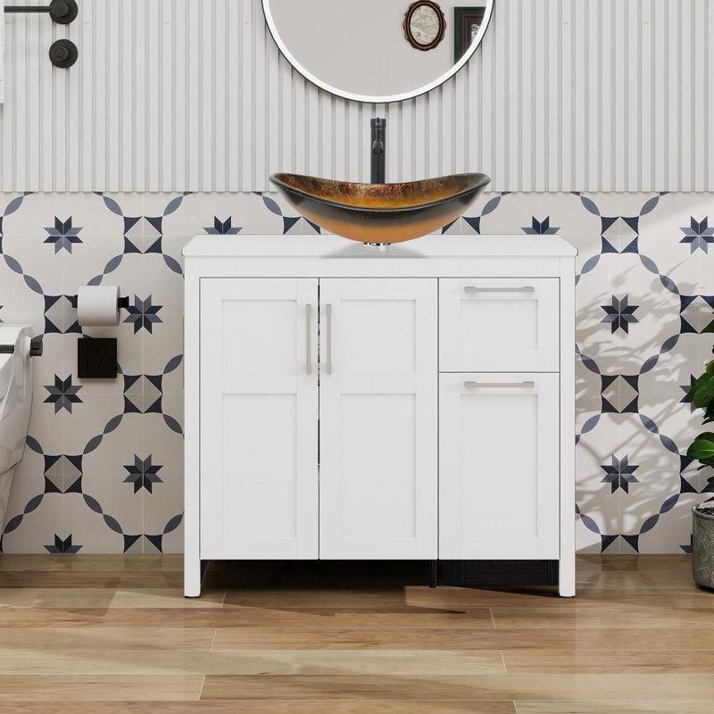 Beyaz Ayaklı Banyo Dolabı Siyah Cam Çanak Lavabo Yavaş Kapanır Çekmeceli - 91 cm - 201875