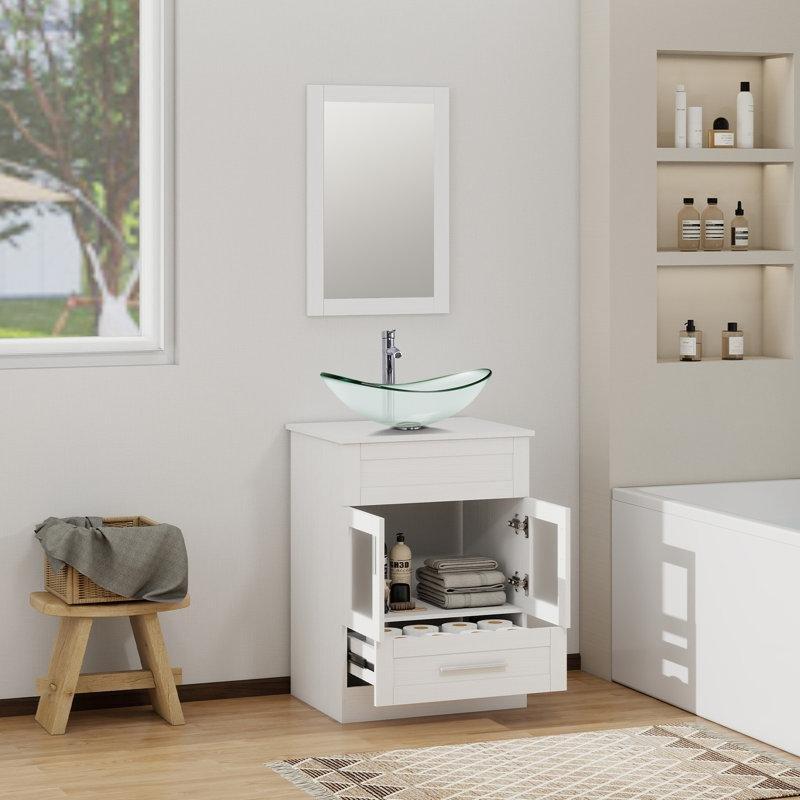 Beyaz Aynalı Çekmeceli Ayaklı Çanak Lavabolu Banyo Dolabı Seti - 61 cm - 202000