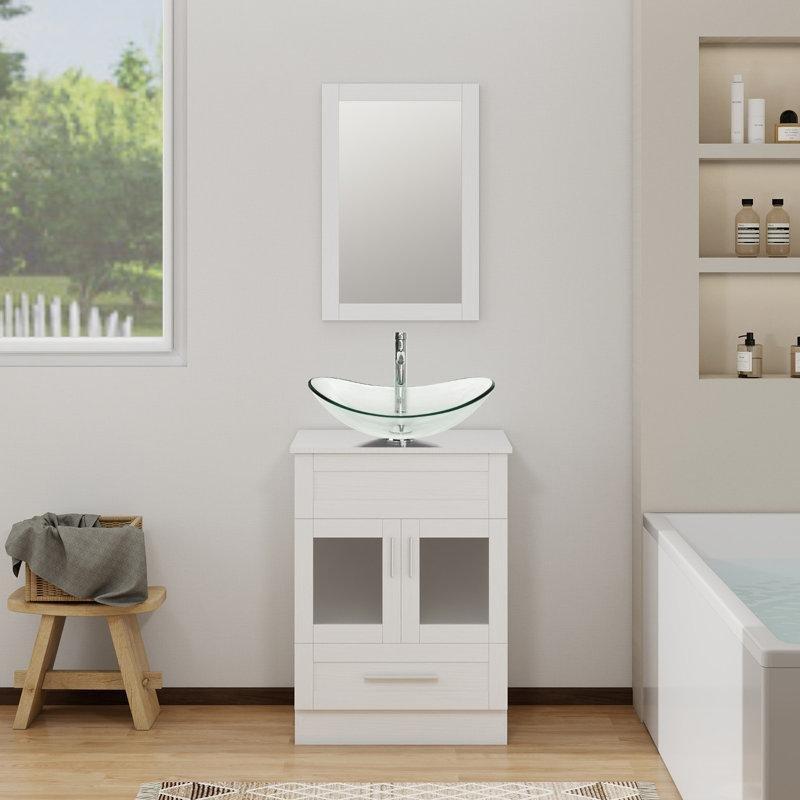 Beyaz Aynalı Çekmeceli Ayaklı Çanak Lavabolu Banyo Dolabı Seti - 61 cm - 202000