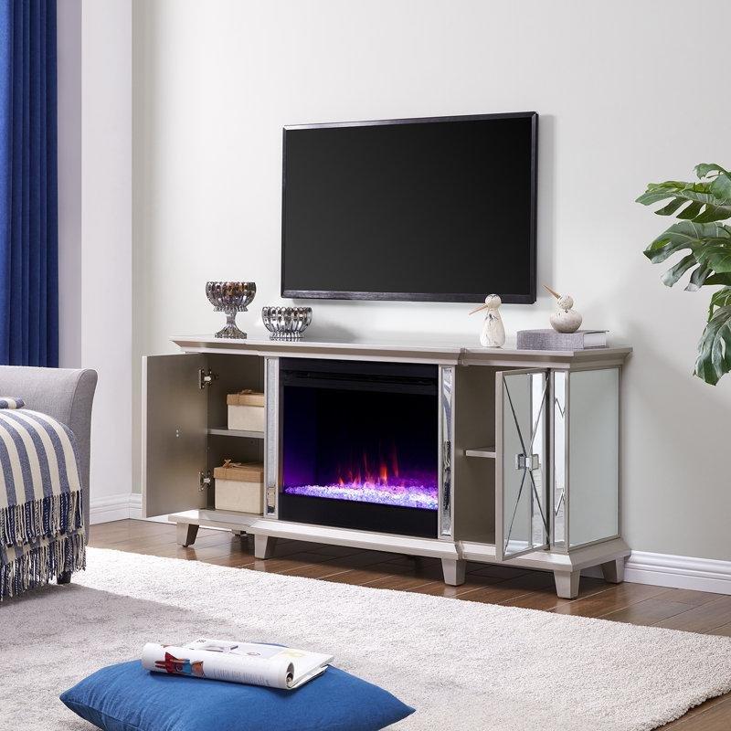Beyaz Aynalı Şömineli 2 Kapaklı Ahşap TV Ünitesi - 148 cm - 220106