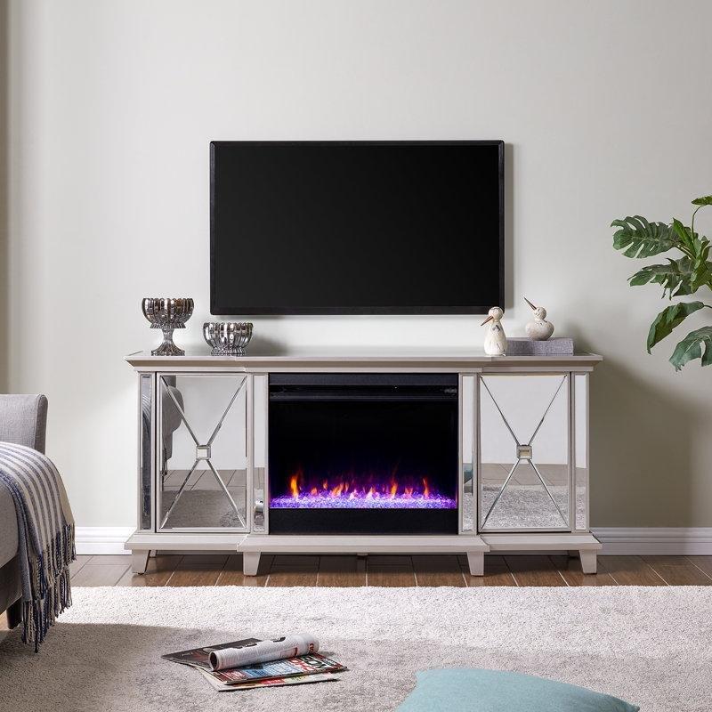 Beyaz Aynalı Şömineli 2 Kapaklı Ahşap TV Ünitesi - 148 cm - 220106
