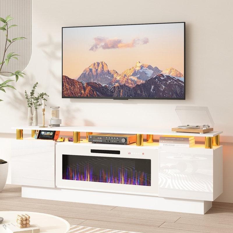 Beyaz Aynalı Şömineli Ahşap Tv Ünitesi - 178 cm - 221749