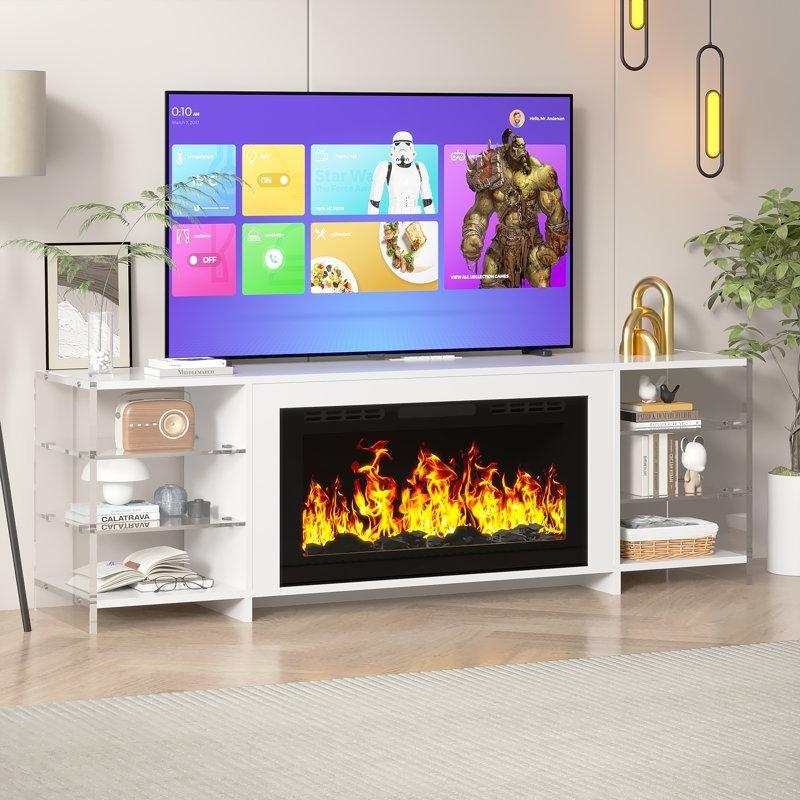 Beyaz Aynalı Şömineli LED Işıklı USB ve Prizli MDF TV Ünitesi - 179 cm - 220073