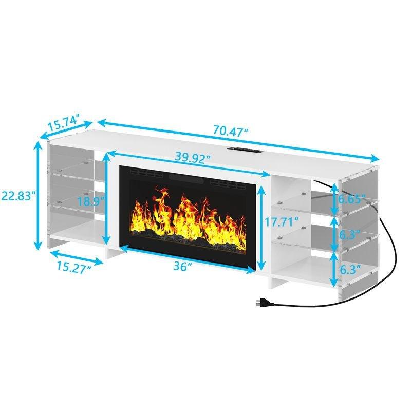 Beyaz Aynalı Şömineli LED Işıklı USB ve Prizli MDF TV Ünitesi - 179 cm - 220073
