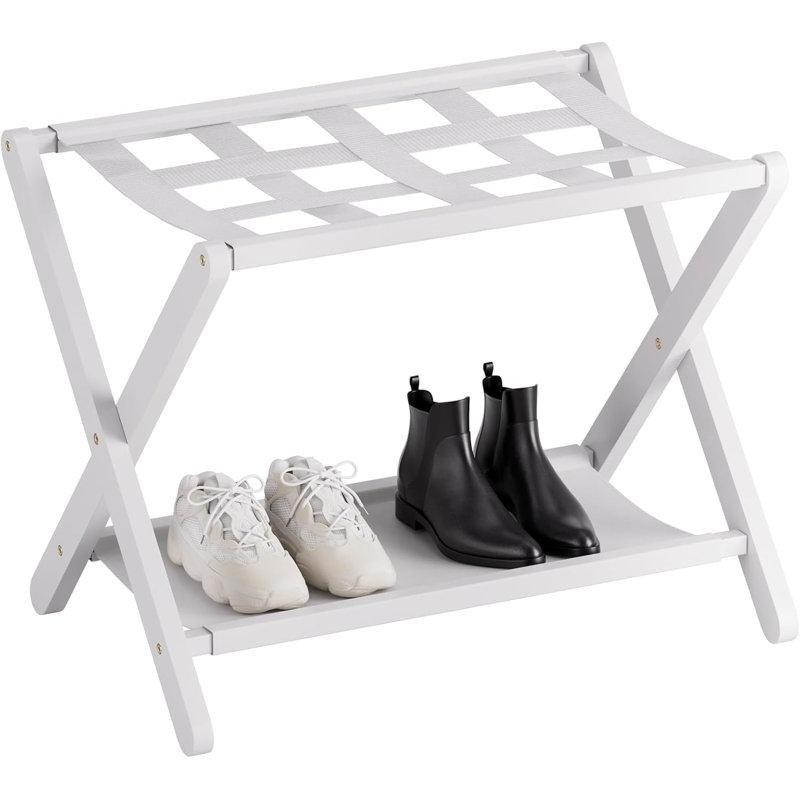 Beyaz Bambu Katlanabilir Raflı Valiz Sehpası - 68 cm - 186825