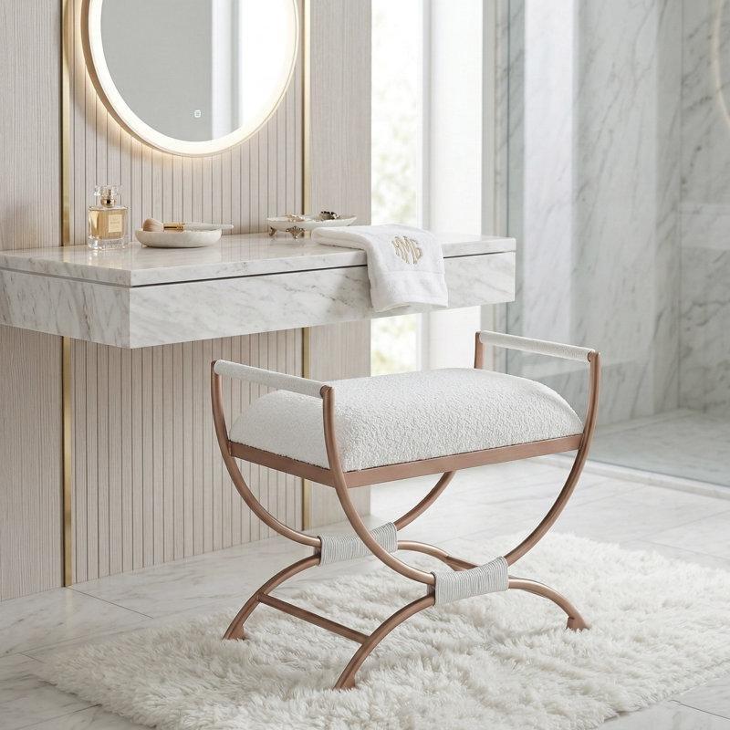 Beyaz Bukle Kumaş Döşemeli Bronz Metal Kemerli Bench - 70 cm - 164323 Beyaz Bukle Kumaş Döşemeli Bronz Metal Kemerli Bench - 70 cm - 164323