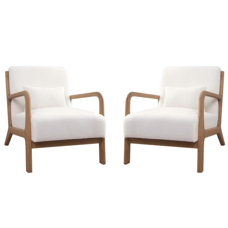 Beyaz Bukle Kumaş Masif Ahşap Yastıklı 2li Set Tekli Koltuk - 67 cm - 203677