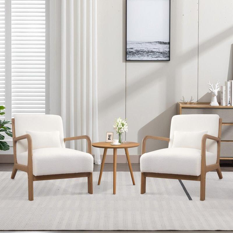 Beyaz Bukle Kumaş Masif Ahşap Yastıklı 2li Set Tekli Koltuk - 67 cm - 203677