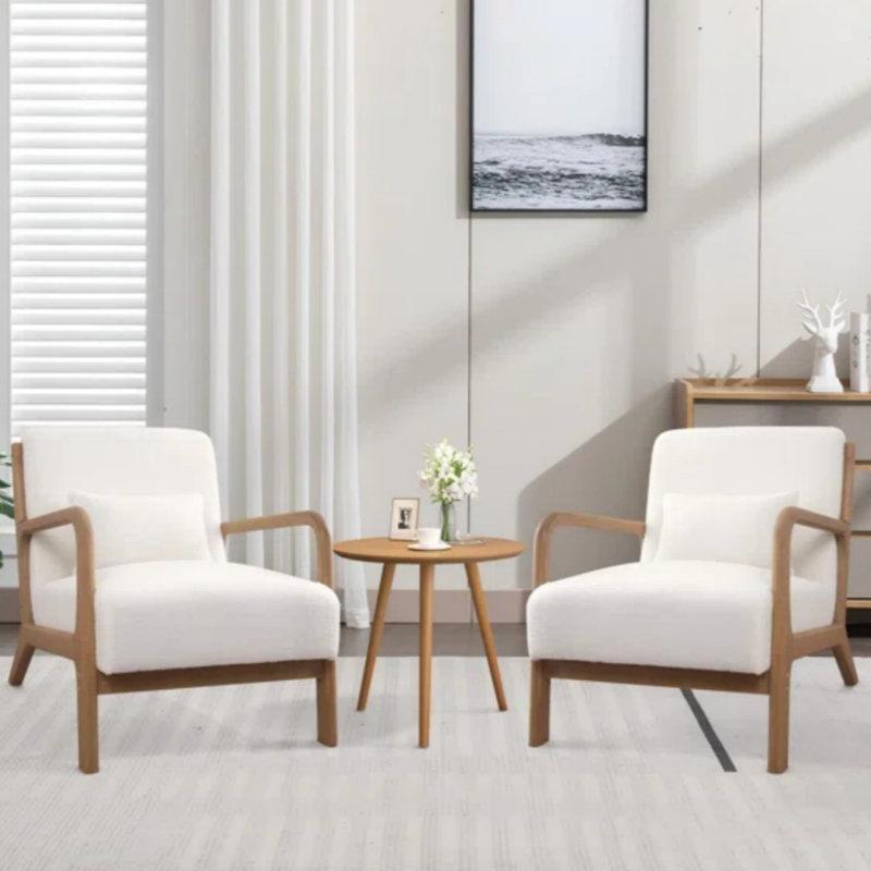 Beyaz Bukle Kumaş Masif Ahşap Yastıklı 2li Set Tekli Koltuk - 67 cm - 203677