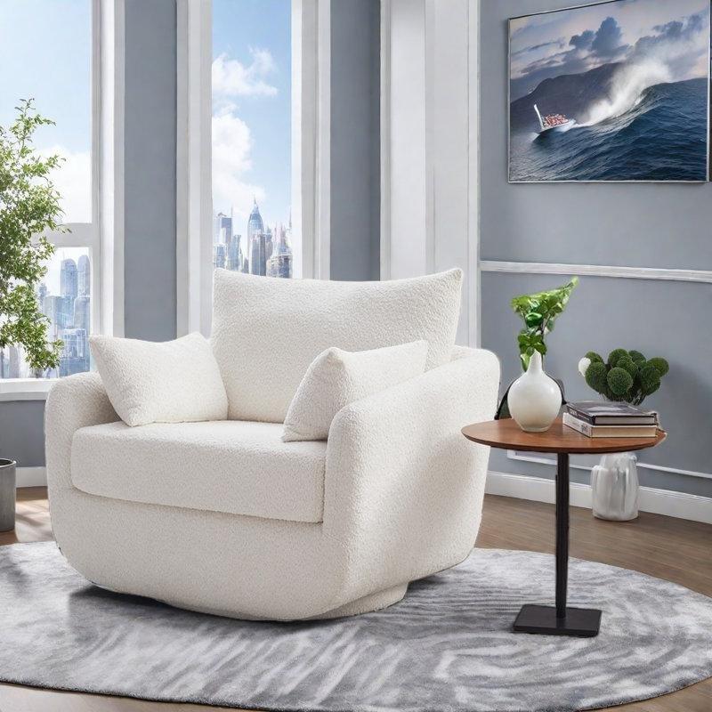 Beyaz Buklet Kumaş 360° Dönen Geniş Tekli Koltuk - 102 cm - 204021