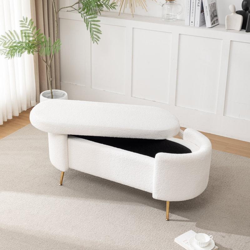 Beyaz Buklet Kumaş Gold Metal Ayaklı Sandıklı Bench - 115x51 cm - 164476
