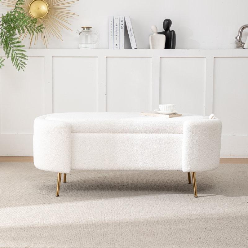 Beyaz Buklet Kumaş Gold Metal Ayaklı Sandıklı Bench - 115x51 cm - 164476
