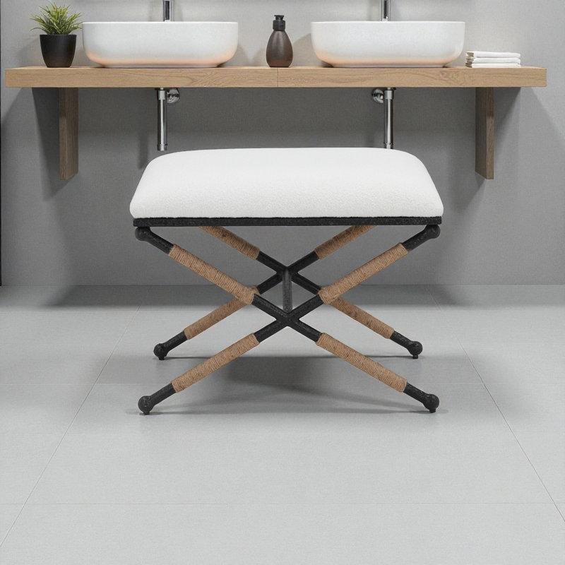 Beyaz Buklet Kumaş Metal Çapraz Ayaklı Makyaj Masası Pufu - 61x47 cm - 233292